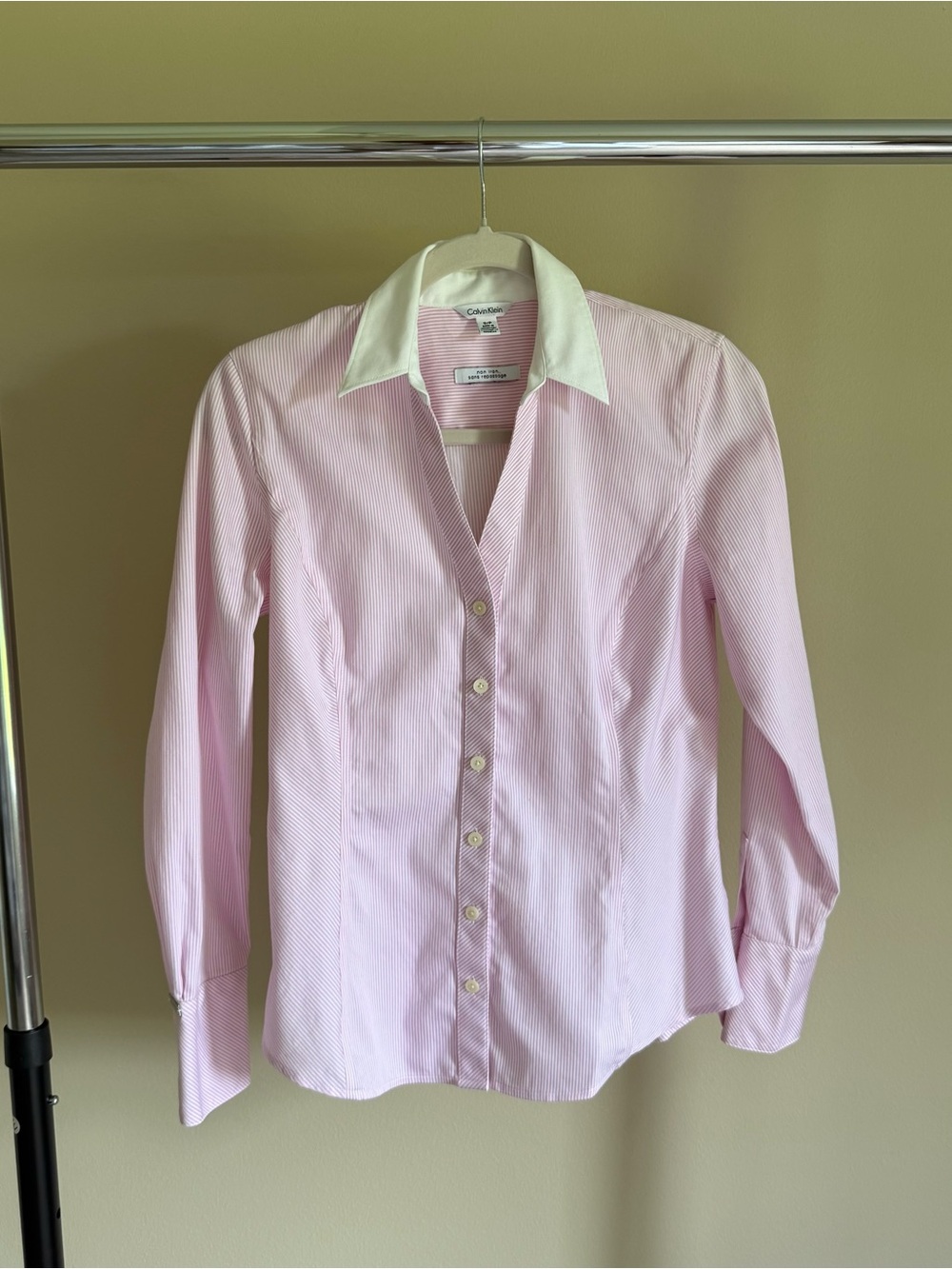 Calvin Klein Pink and White Striped Dress Shirt with White Collar
